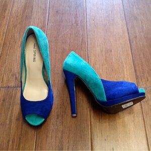 Call It Spring Teal and Royal Blue Peep-Toe Stiletto Heels